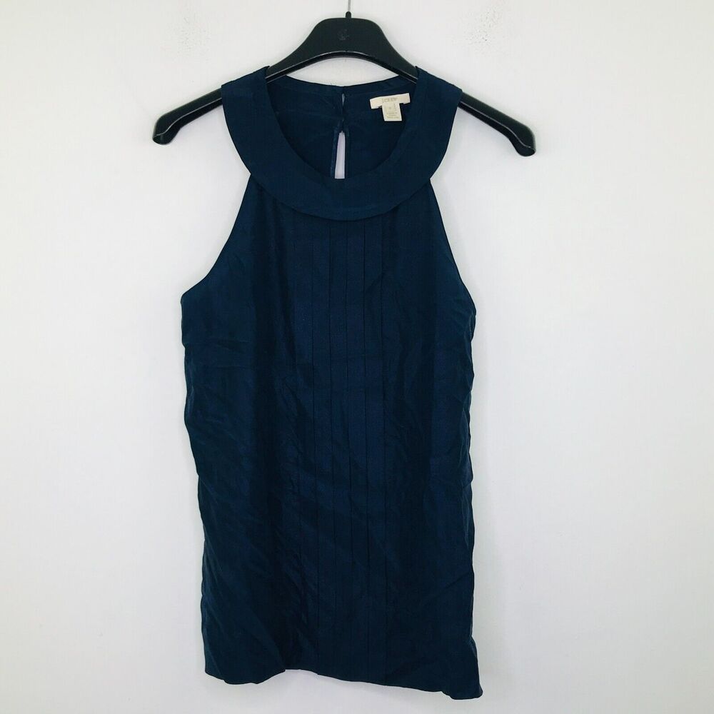 J Crew Women's 0 Tank Top Blue Silk Metallic Vita Cami Pleated Halter 10181 BP22